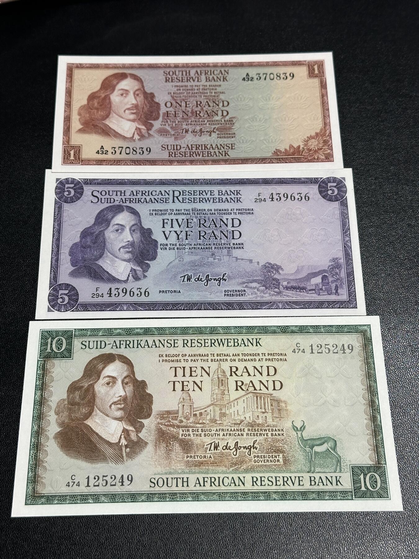 《外钞收藏家》第五百八十三期（精选场）（本期拍品丰富）（本平台长期征集拍品、欢迎藏友们联系合作） 南非1、5、10兰特 三张一起 全新UNC