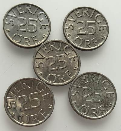  外国优质老铜币银币，周六九点倒数截拍，满百包邮，可寄存半年，喜欢朋友微信扫描二维码可直接参拍 - 瑞典1978年-1982年25欧尔5枚