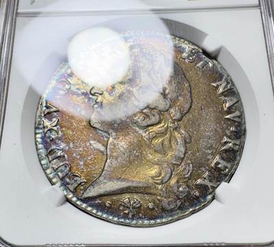甄臻铺-世界币章拍卖（第38期）立冬小精品场，送拍享返佣金等优惠多多 NGC-XFD 法国1765年路易十五青年版埃居银币 炫彩包浆 30g的大尺寸银币
