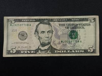 【游宝拍卖】乙巳蛇年86期  - 美国-5美元【SERIES-2013 J10堪萨斯版 流通品相】