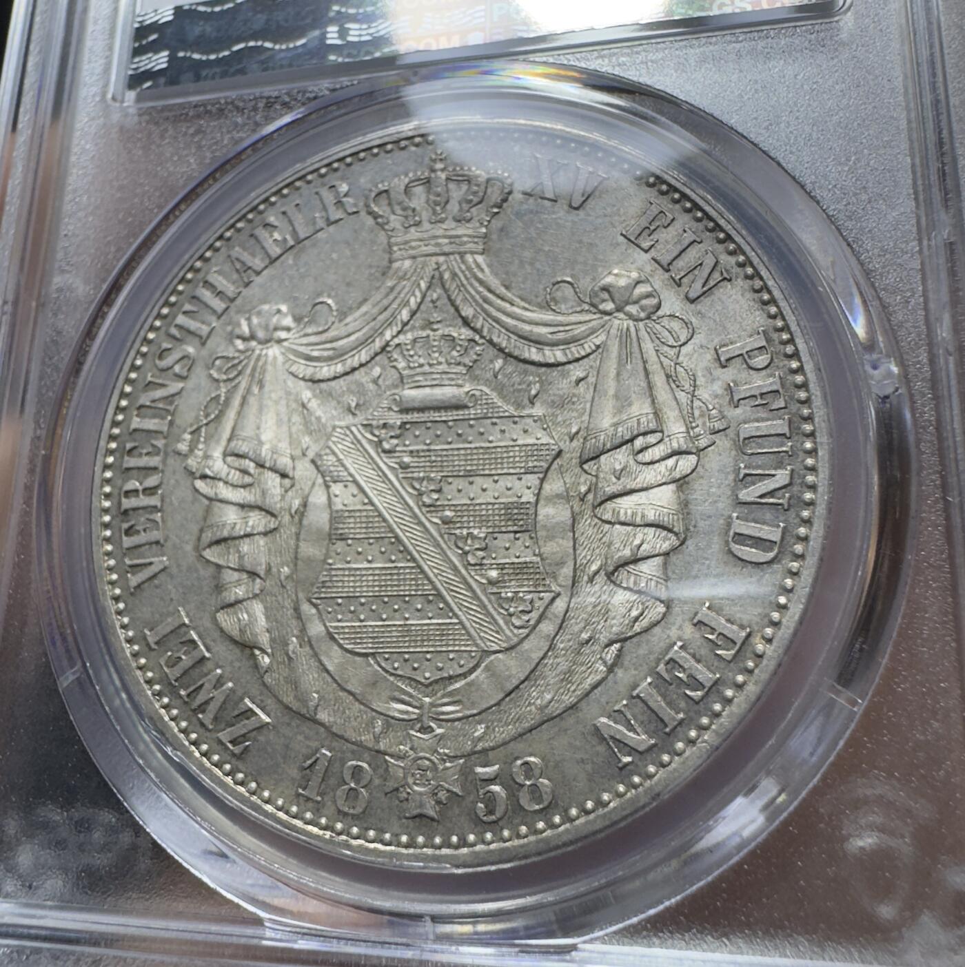 甄臻铺-世界币章拍卖（第38期）立冬小精品场，送拍享返佣金等优惠多多 PCGS-MS62 1858年德国萨克森盾徽流通2泰勒 罕见单年错版流通2T 