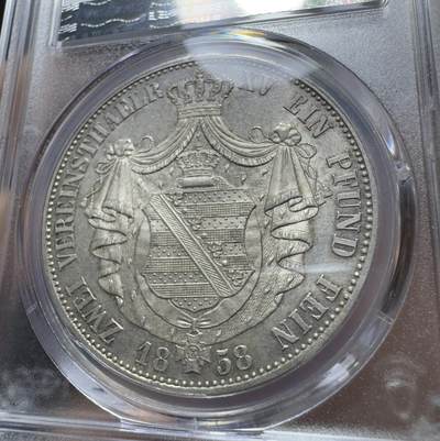 甄臻铺-世界币章拍卖（第38期）立冬小精品场，送拍享返佣金等优惠多多 PCGS-MS62 1858年德国萨克森盾徽流通2泰勒 罕见单年错版流通2T 