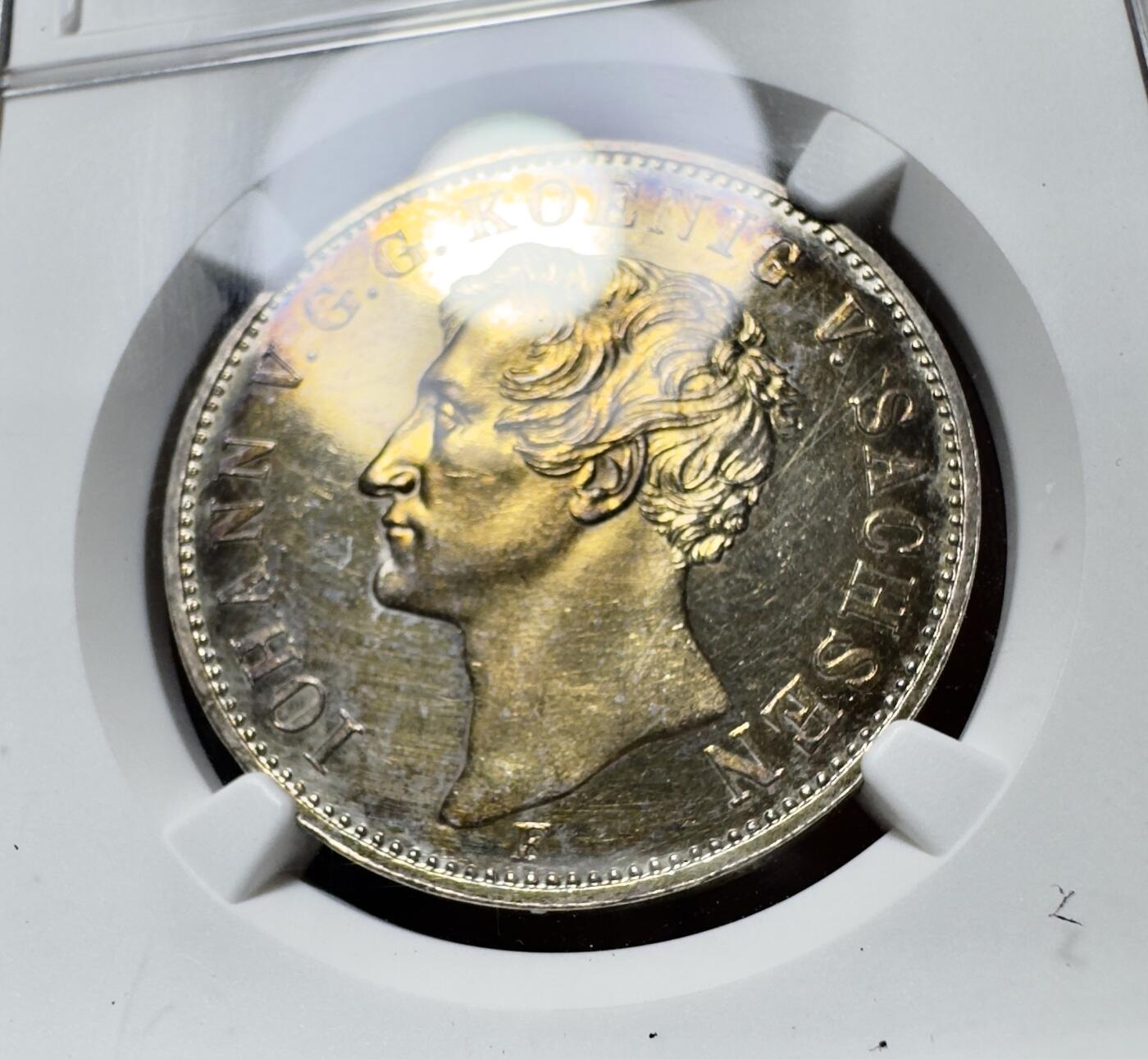 甄臻铺-世界币章拍卖（第38期）立冬小精品场，送拍享返佣金等优惠多多 NGC-UNCD 1855年德国萨克森约翰国王访问造币厂纪念泰勒 少见品种 pl质感 金彩包浆