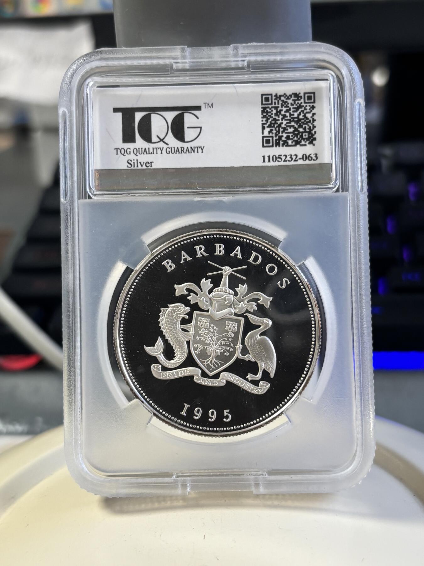 第181期拍卖 巴巴多斯1995年纪念欧洲首次移民美洲370周年银币TQC-PF69，925银，28.33克