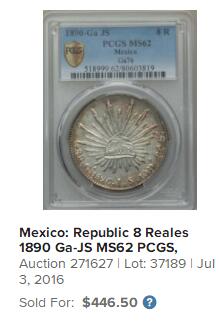 【Blue Auction】世界纸币精拍第748期——18级TOP拍卖/信誉/品质/专业/高效💫 【仅4枚更高分】墨西哥 1890年 瓜达拉哈拉造币厂 8R 花边鹰洋大银币 PCGS MS62  雄鹰叼蛇立于仙人掌经典图案  自由帽与光柱 底板丝滑 细节清晰 尤其是鹰羽非常漂亮 （9年前一枚同款拍了446美金 如今价值更高）