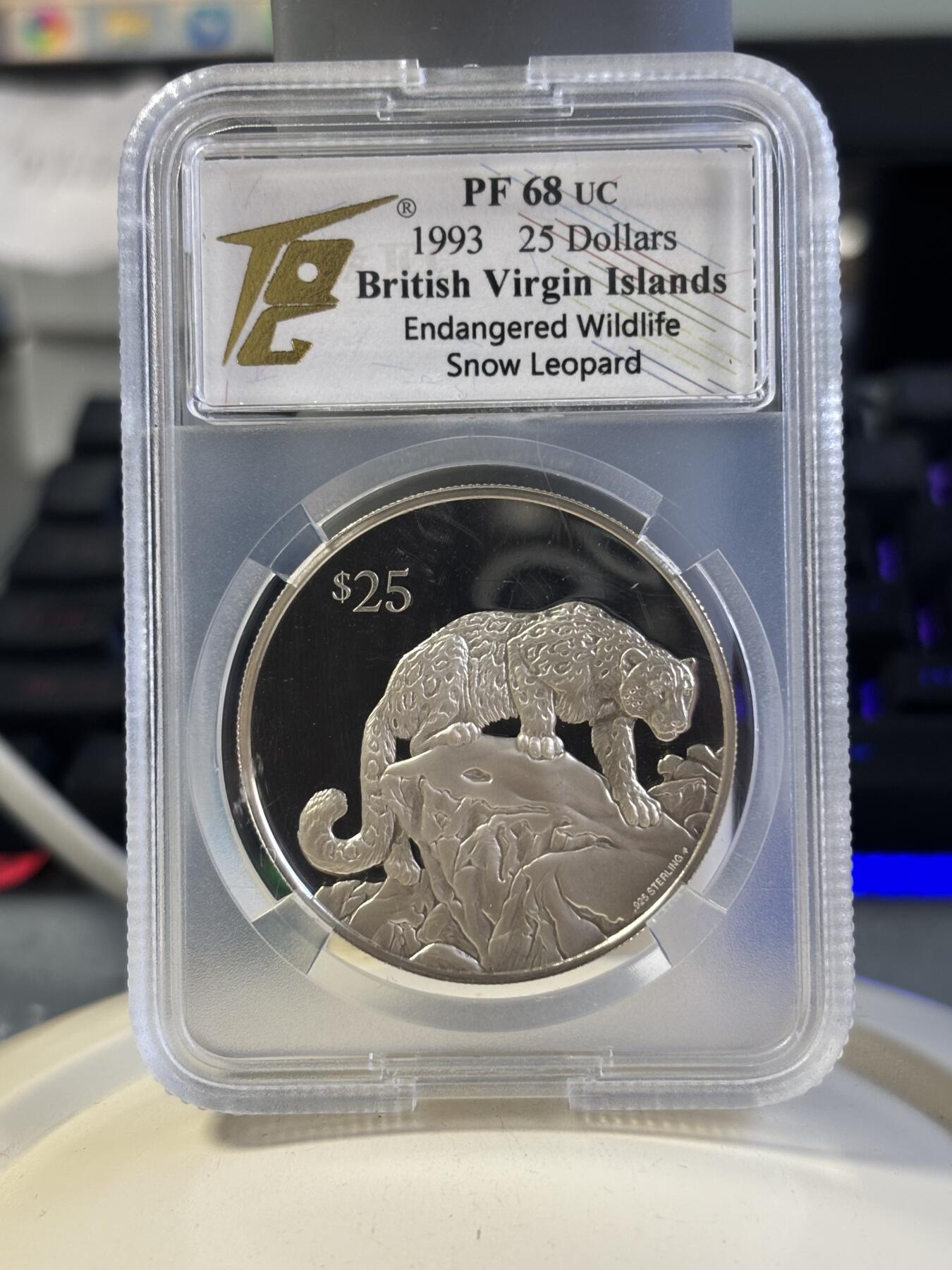 第181期拍卖 维尔京1993年濒危动物豹子纪念银币TQG-PF68,925银，20.59克