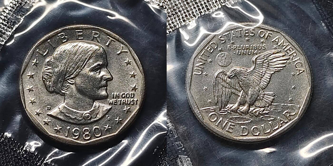 【全场包邮】纯粹捡漏拍477场（免费代拍第14场）调整中 美国1980年苏珊1元（仅发行1979-1981年）PSD少见三厂号原封装版套币-盒证全