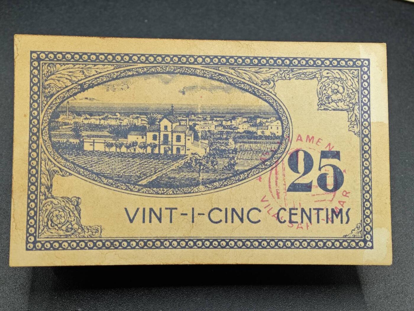 【淘币小摊】实时拍第七百九十二拍   散币场   满百包邮可预留二周 每周一统一发货   西班牙维拉斯尔德马尔1937年25分纸币