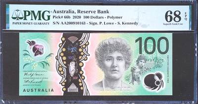 世界靓号纸钞第七十七期 - 2020年澳大利亚100元 首发AA冠 全程无47 PMG68 超高分