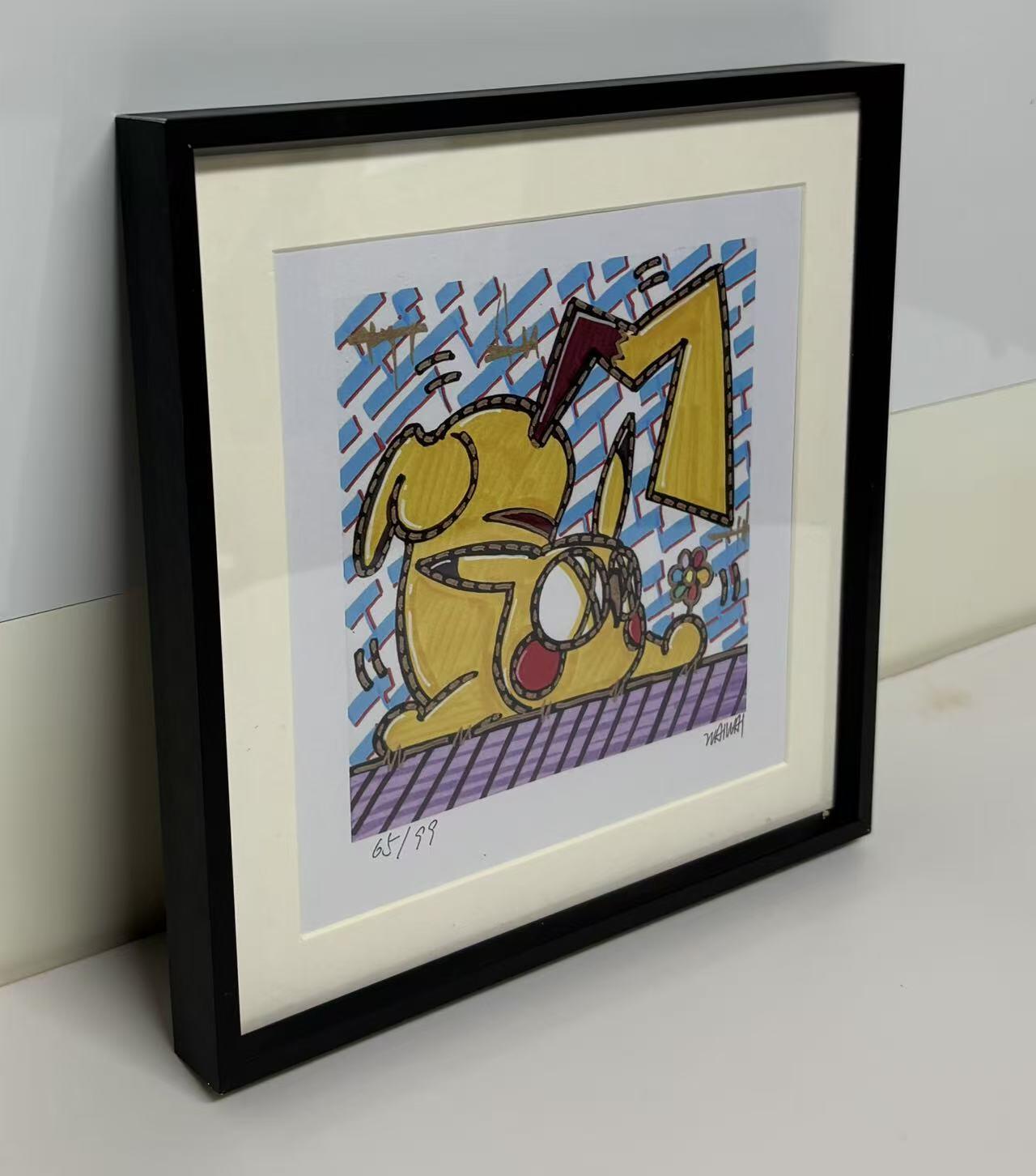 零元拍：歪歪亲笔签名 OWSON 系列作品装饰画《皮卡丘》，已做装裱 合金相框尺寸25/25CM。因展品出展，镜框或亚克力可能有轻微划痕，介意勿拍