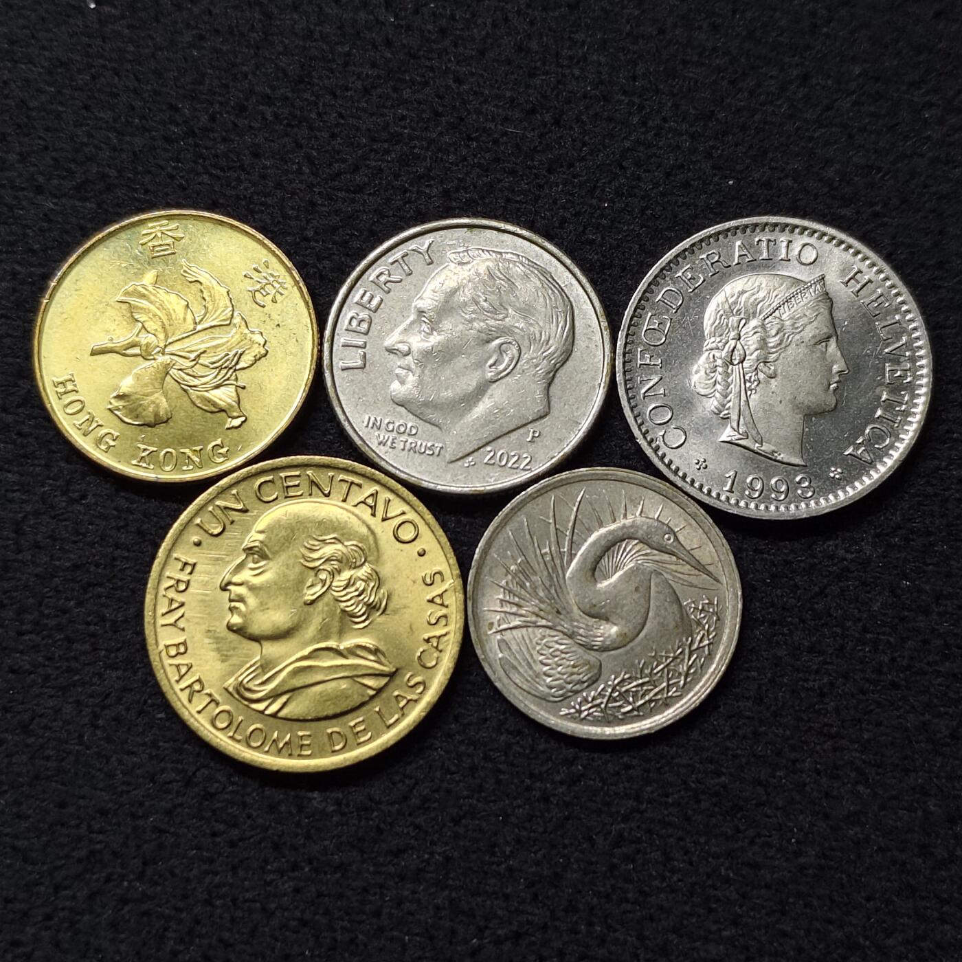 【全场包邮】纯粹捡漏拍476场（免费代拍第13场）调整中 世界各国各年份散币5枚一组-香港+美国+瑞士+危地马拉+新加坡