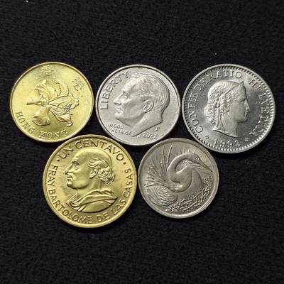 【全场包邮】纯粹捡漏拍476场（免费代拍第13场）调整中 - 世界各国各年份散币5枚一组-香港+美国+瑞士+危地马拉+新加坡