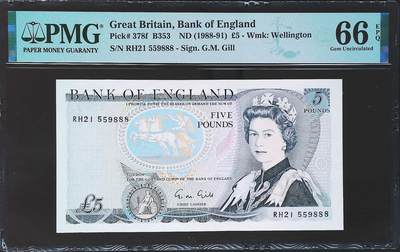 世界靓号纸钞第七十七期 - 1988-91年英国英格兰银行5镑 全程无347 豹子号888 PMG66