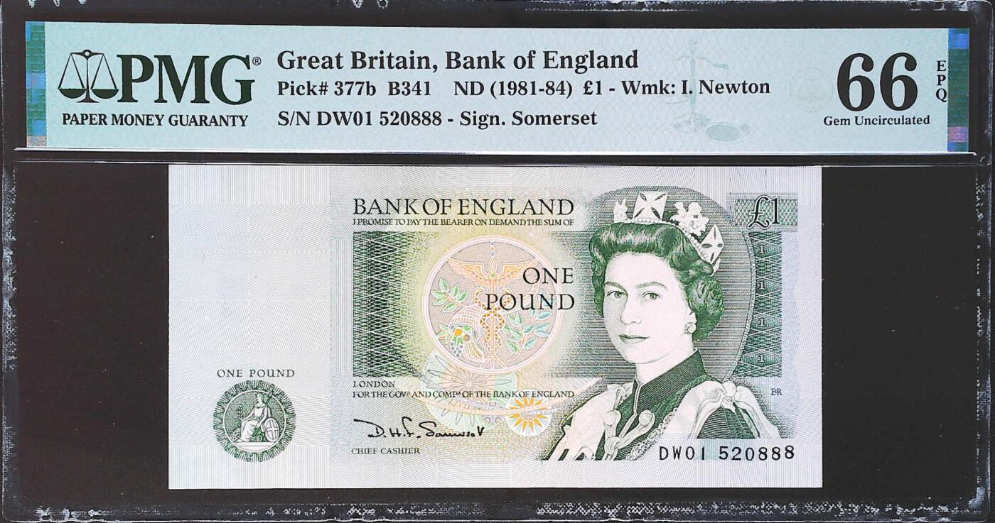 世界靓号纸钞第七十七期 1981-84年英国英格兰银行1镑 全程无347 前520爱情号 后888豹子号 PMG66 号码非常舒服的一张女王钞