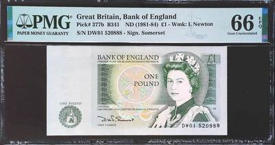 世界靓号纸钞第七十七期 - 1981-84年英国英格兰银行1镑 全程无347 前520爱情号 后888豹子号 PMG66 号码非常舒服的一张女王钞