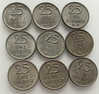 外国优质老铜币银币，周六九点倒数截拍，满百包邮，可寄存半年，喜欢朋友微信扫描二维码可直接参拍 - 瑞典1963年-1973年25欧尔9枚