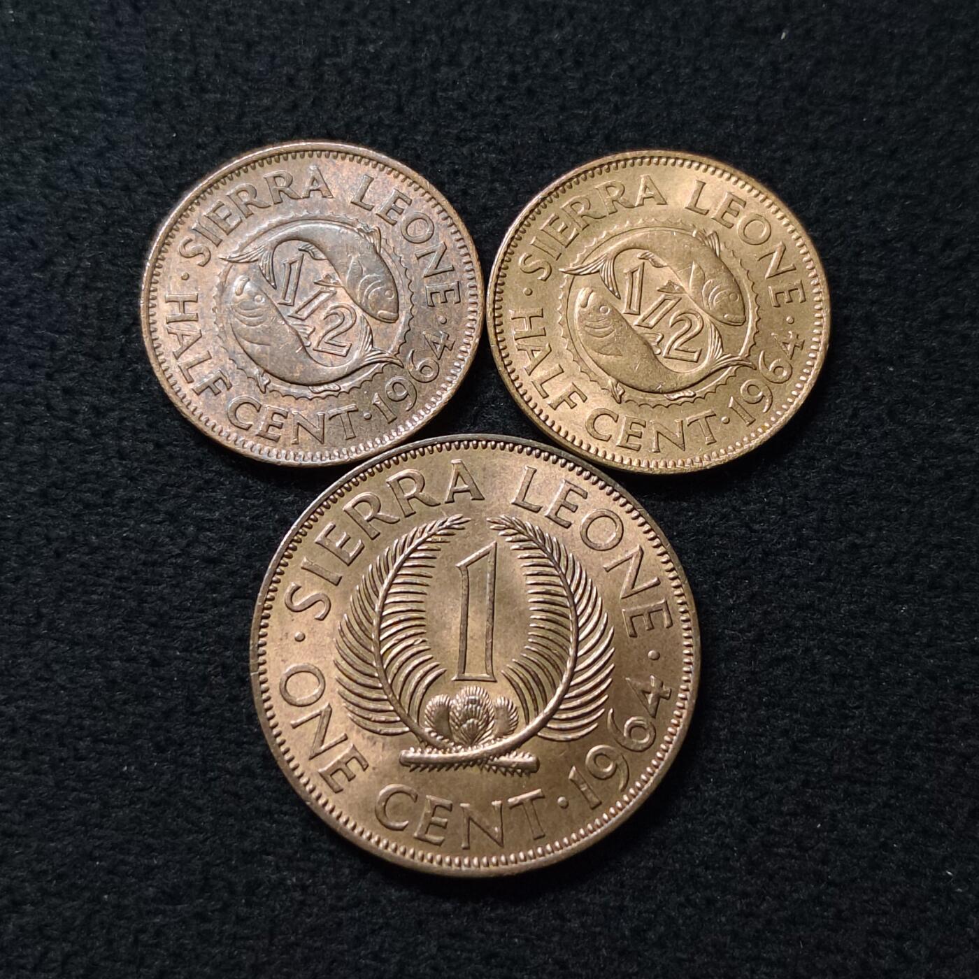 【全场包邮】纯粹捡漏拍476场（免费代拍第13场）调整中 塞拉利昂1964年原光铜币3枚一组