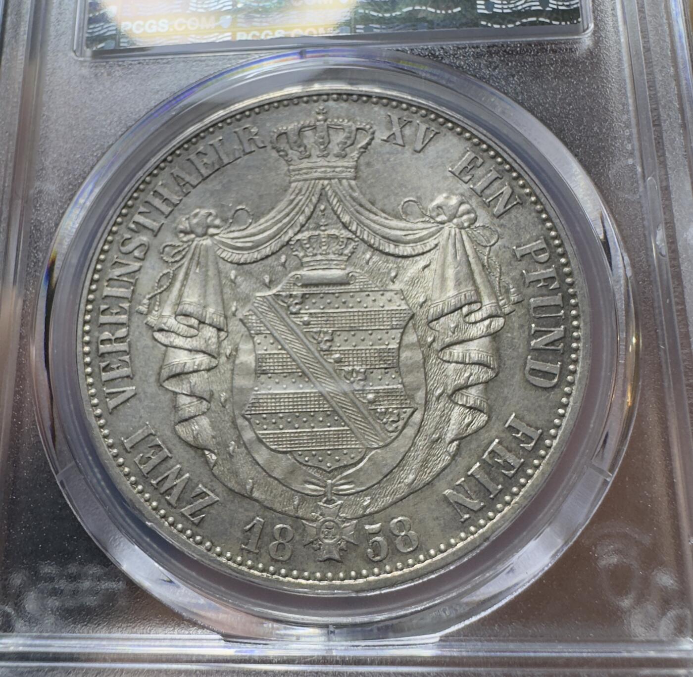 甄臻铺-世界币章拍卖（第38期）立冬小精品场，送拍享返佣金等优惠多多 PCGS-MS62 1858年德国萨克森盾徽流通2泰勒 罕见单年错版流通2T 