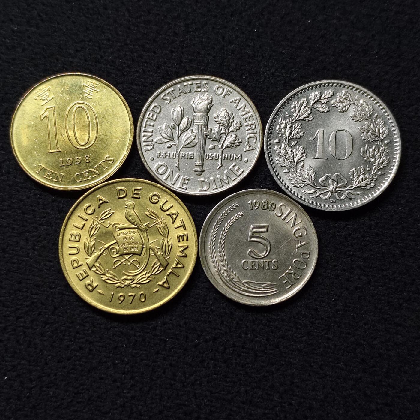 【全场包邮】纯粹捡漏拍476场（免费代拍第13场）调整中 世界各国各年份散币5枚一组-香港+美国+瑞士+危地马拉+新加坡