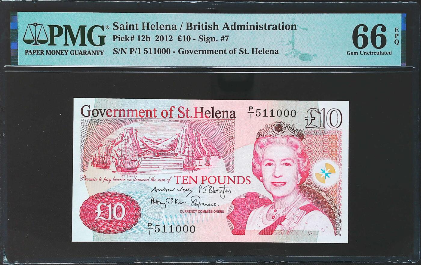世界靓号纸钞第七十七期 2012年圣赫勒拿10镑 P1首发冠 全程无347 豹子号000 PMG66