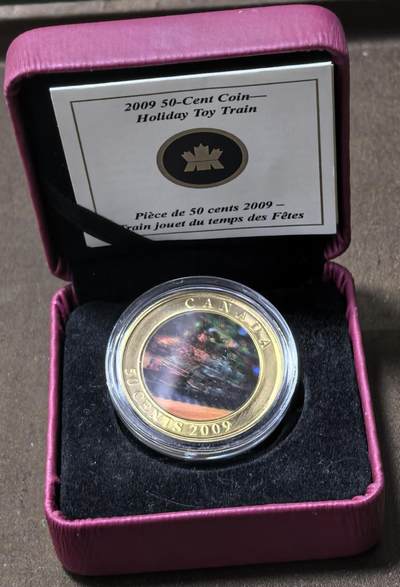 北京马甸外国币专卖第145期，外国币专场，陆续上拍，欢迎关注 - 圣诞节系列-玩具火车 加拿大2009年50分纪念币 幻彩铜镍硬币35mm