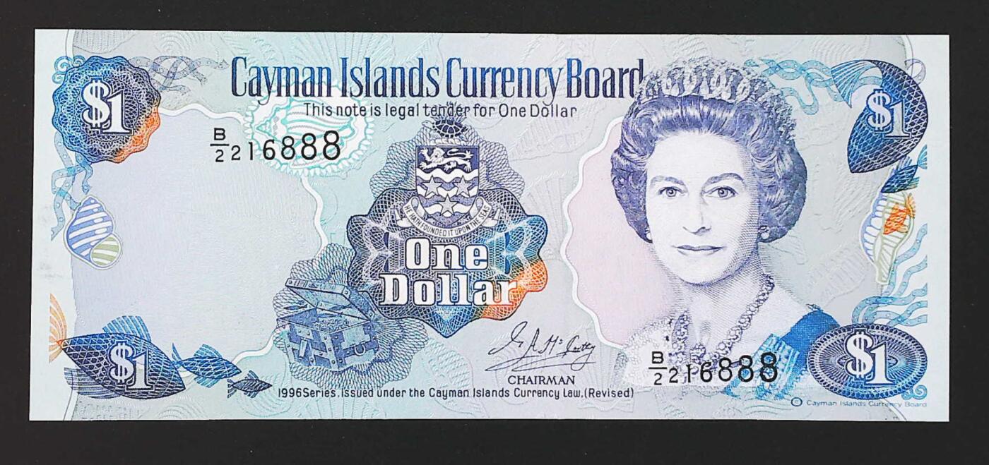 世界靓号纸钞第七十七期 1996年开曼群岛1元 全程无3457 豹子号888 尾16888 非常好的寓意 全新UNC