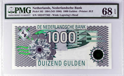【Blue Auction】世界纸币精拍第748期——18级TOP拍卖/信誉/品质/专业/高效💫 - 【冠军分少见】荷兰 1994年1000盾 大齿轮 PMG68EPQ 高分老壳