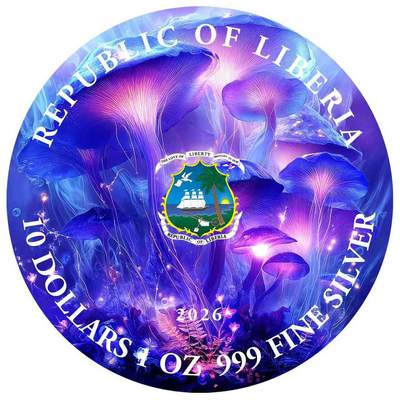 【期货】利比里亚2026年蘑菇仙子1盎司双面彩色大尺寸纪念银币
