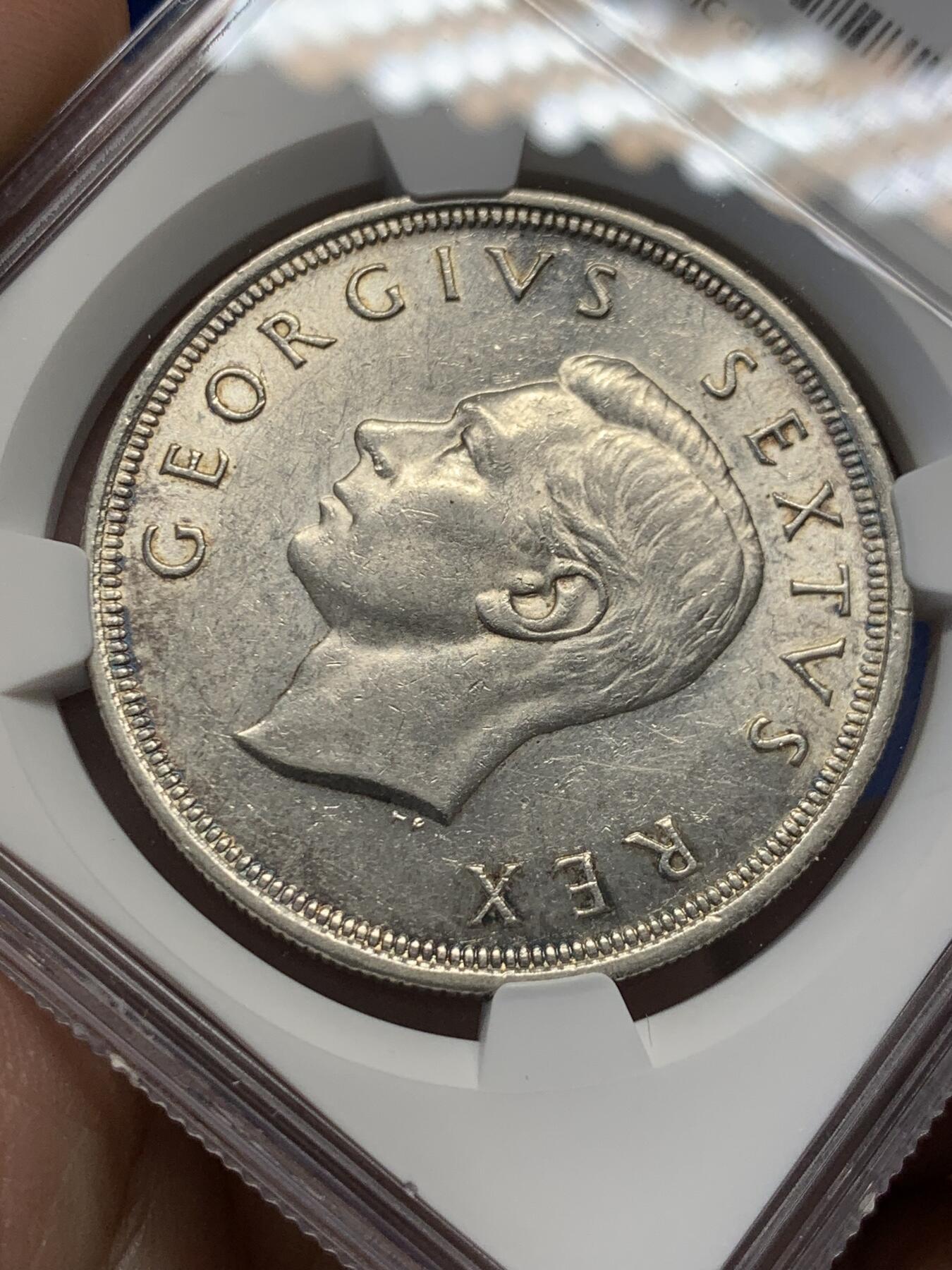 《竞宝斋》第436场 周日，周一2场连拍 （全场包邮） NGC AU58 南非1949年乔治六世羚羊5先令银币