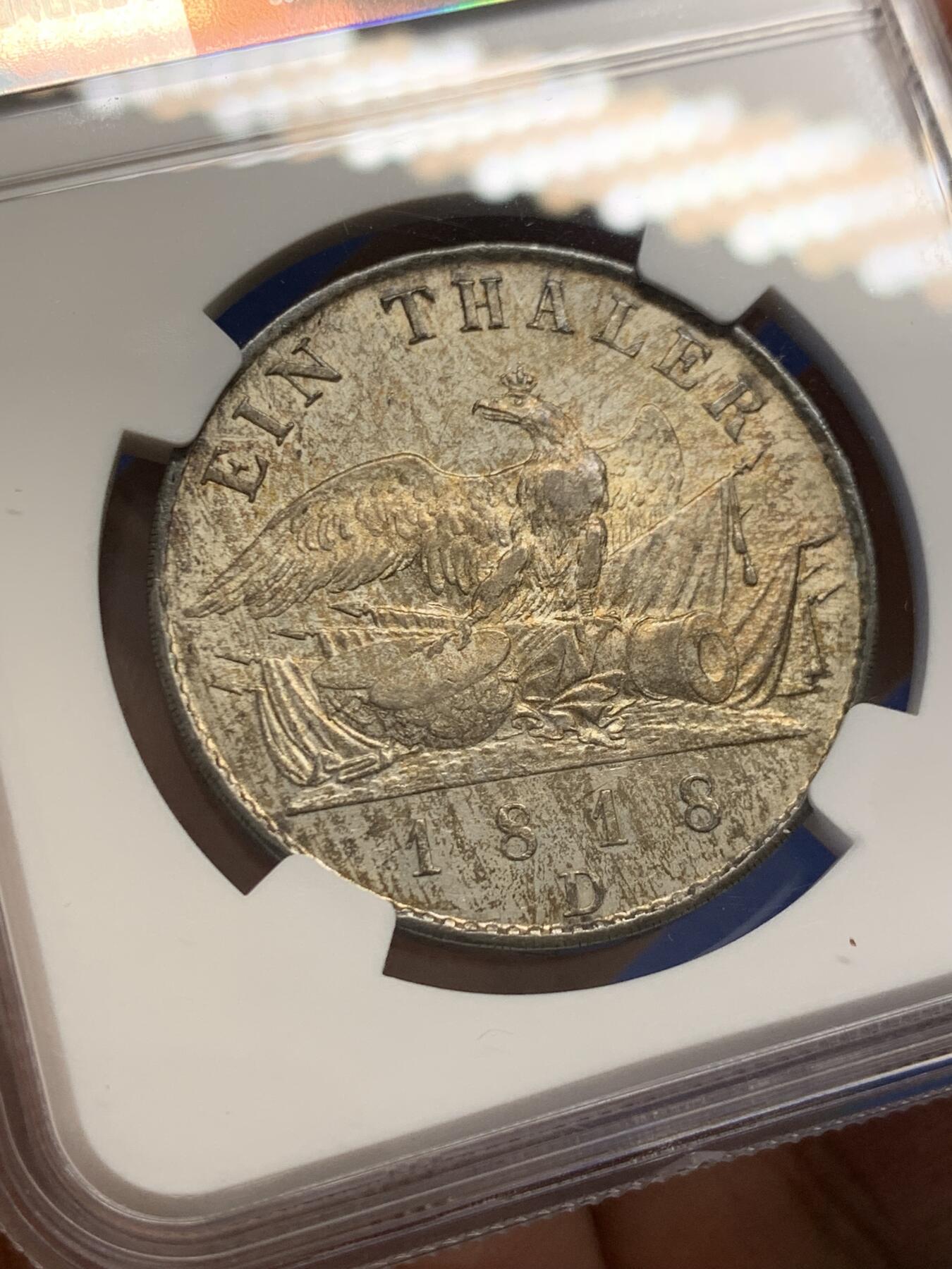 《竞宝斋》第436场 周日，周一2场连拍 （全场包邮） NGC AU58 德国普鲁士 1818年 威廉三世鹰炮泰勒 币面压力十足 完美转光感 难得好品