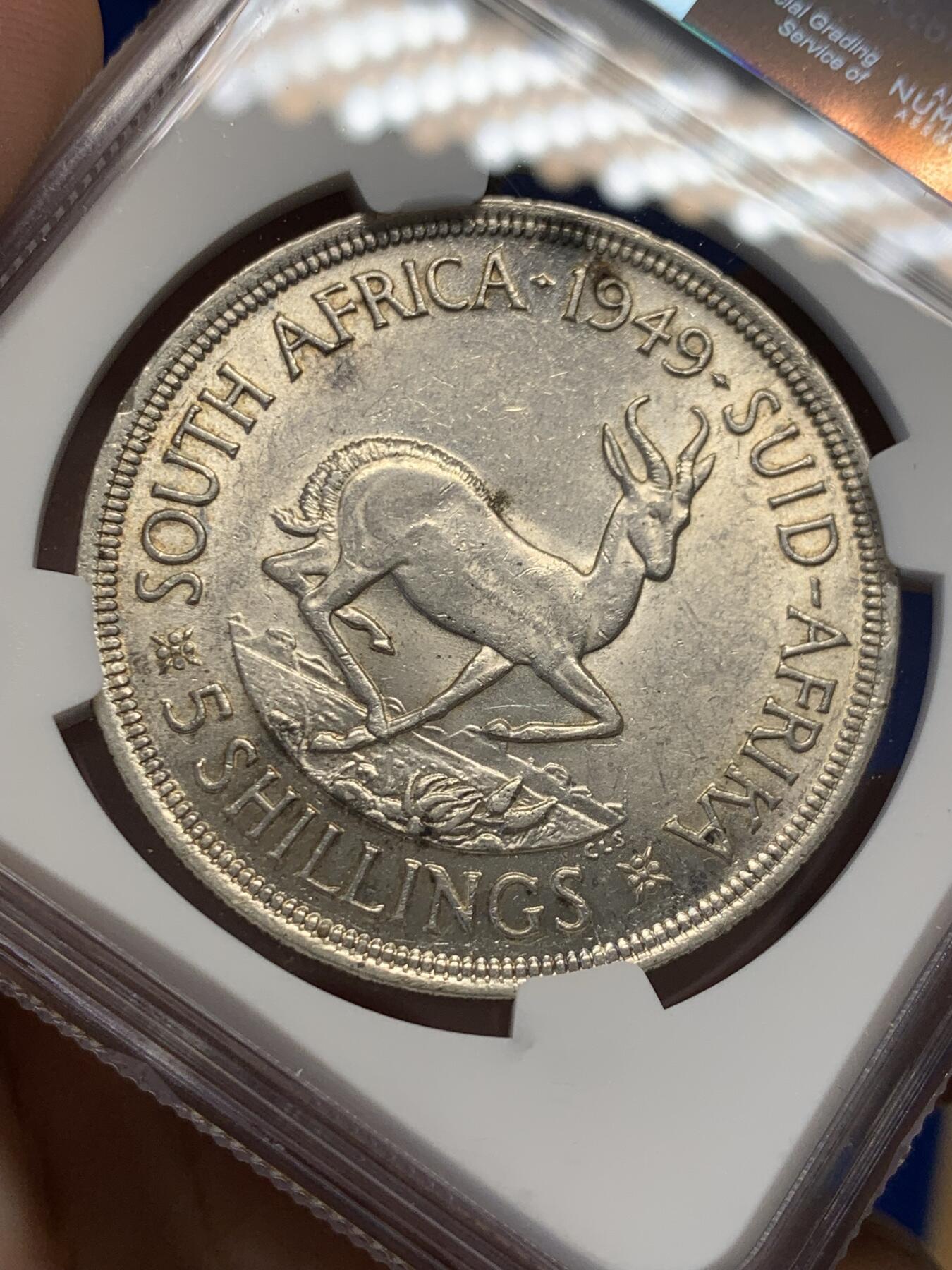 《竞宝斋》第436场 周日，周一2场连拍 （全场包邮） NGC AU58 南非1949年乔治六世羚羊5先令银币