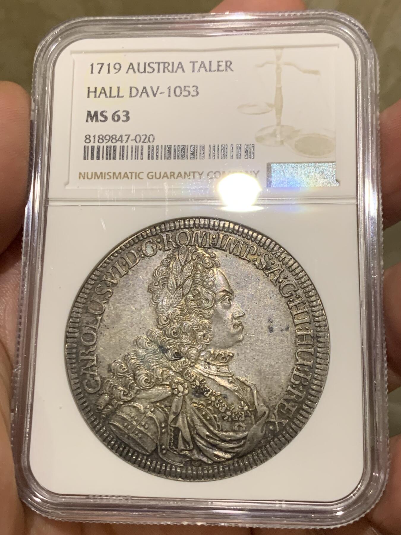 《竞宝斋》第436场 周日，周一2场连拍 （全场包邮） 亚军分 NGC MS63 神圣罗马帝国 1719年 卡尔六世 泰勒大银币 细节好 原味包浆 热门大波浪