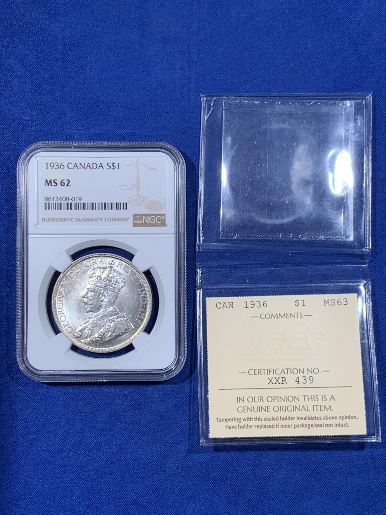 《竞宝斋》第436场 周日，周一2场连拍 （全场包邮） NGC MS62 加拿大1936年乔治五世一元银币 转光明显 原ICCS评级ms63 个人感觉低评