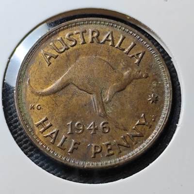 KK钱币收藏小铺  第367场  2月预留时间 周末发货 -  1946澳大利亚半便士铜币
