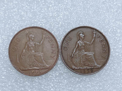 第一海外回流一元起拍收藏 散集专场  第264期 - 好品 英国1便士大铜币2枚 大不列颠英国女神 两个版本
