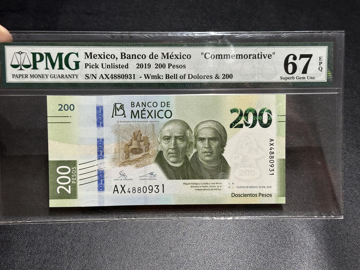 《外钞收藏家》第五百八十三期（精选场）（本期拍品丰富）（本平台长期征集拍品、欢迎藏友们联系合作） 2019年墨西哥200比索 纪念钞 PMG67