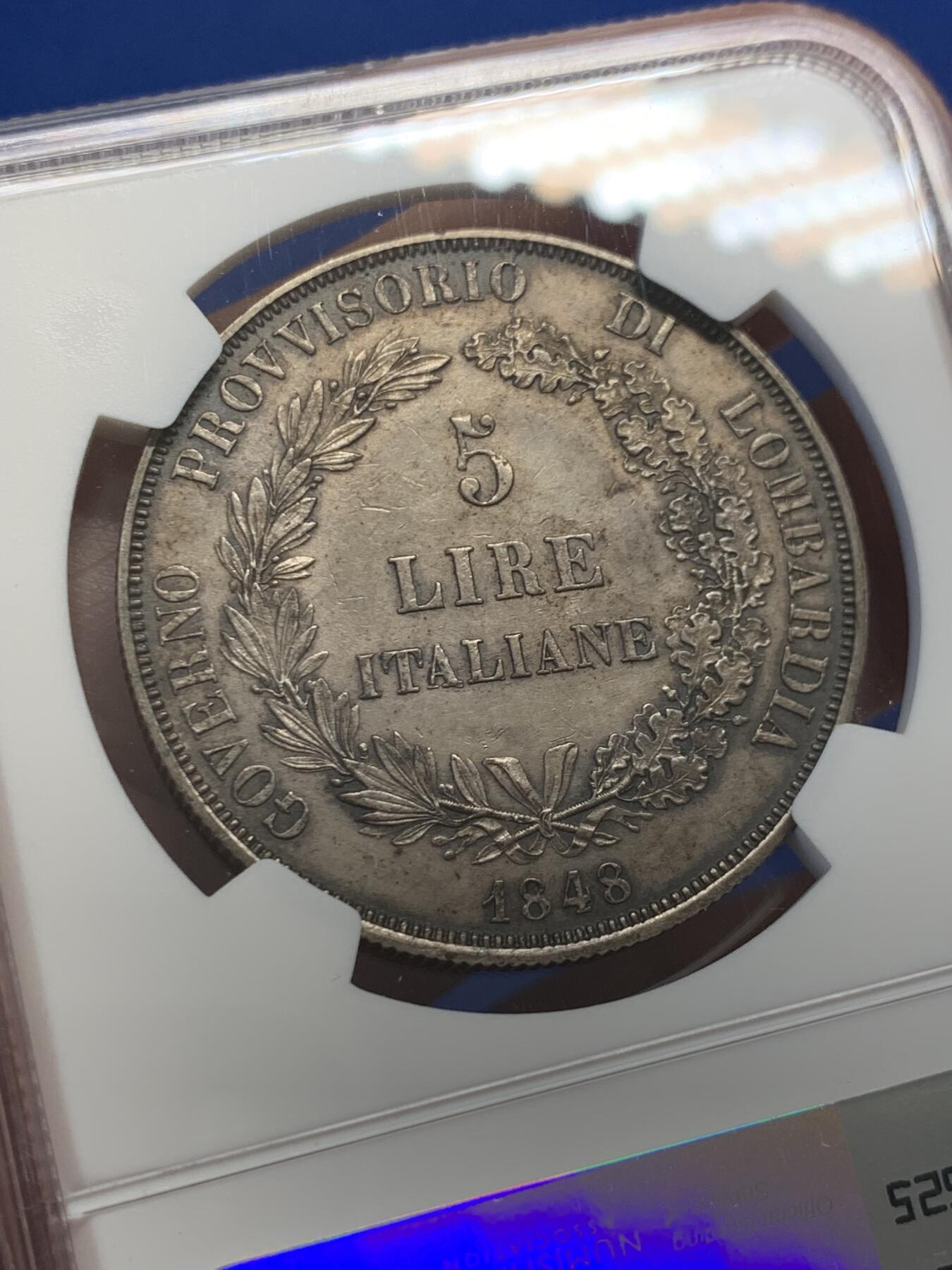 《竞宝斋》第436场 周日，周一2场连拍 （全场包邮） NGC UNCD 意大利1848年伦巴第5里拉大银币 革命临时政府 持矛女神 意系热门品种 仅发行了1年 铸量12万枚。