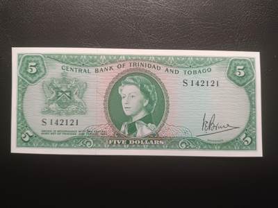 2025十一月第三期，总201期 - 特立尼达和多巴哥1964版5元UNC-，稀有女王头像序列中高面值，国徽和央行大楼