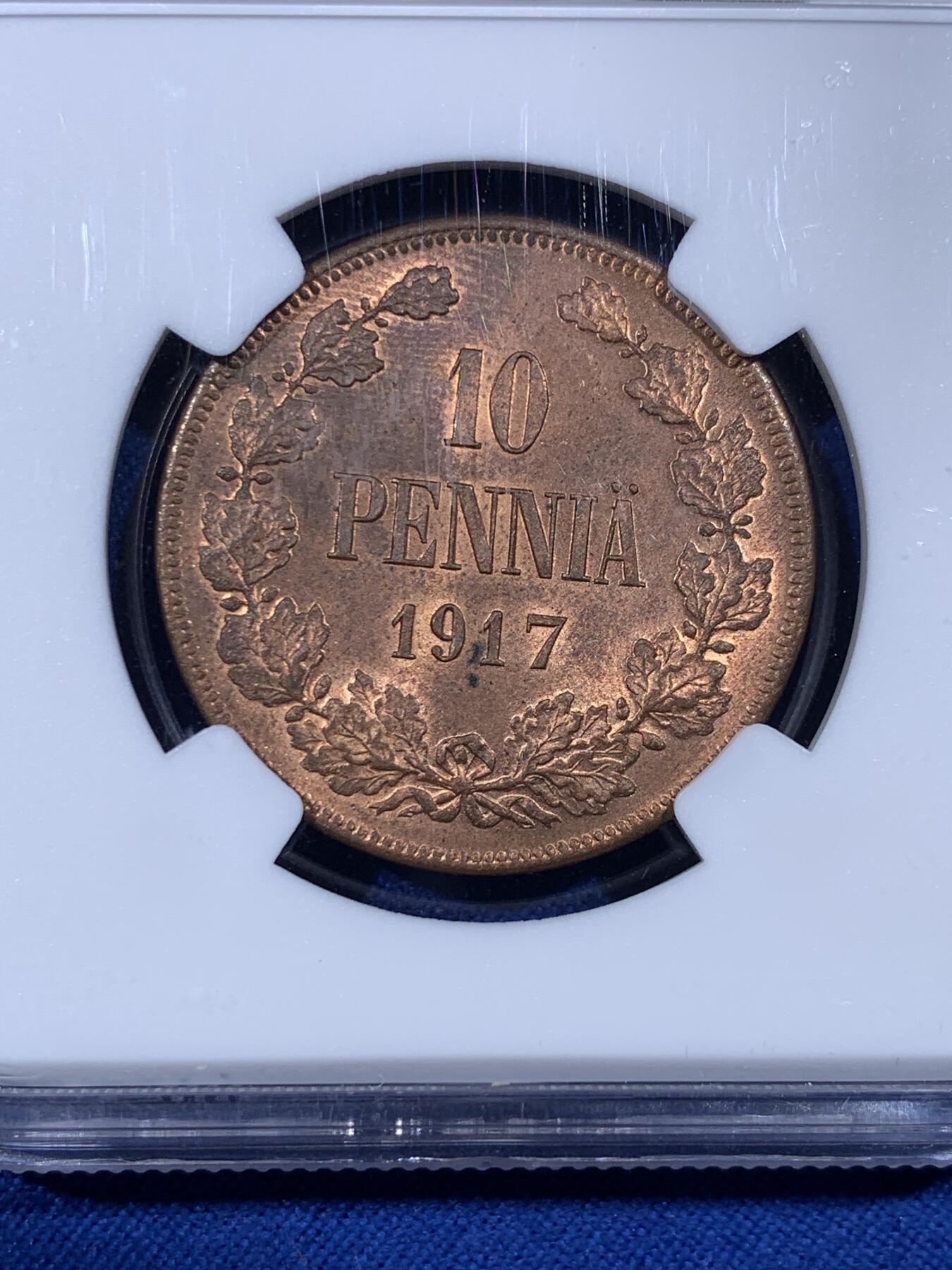 《竞宝斋》第436场 周日，周一2场连拍 （全场包邮） NGC MS64RB 芬兰1917年克伦斯基临时政府10P大铜币，一年型大铜，无冠双头鹰。64高分，RB铜光靓丽。竞宝斋此前64BN同品种355元不含佣成交