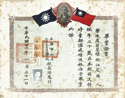 2025年吉藏纸杂文献秋季专场拍卖会 - 民国二十一年（1932年）上海市私立商会商业学校校长陆凤竹签发毕业证书一张 39.8×31.8cm