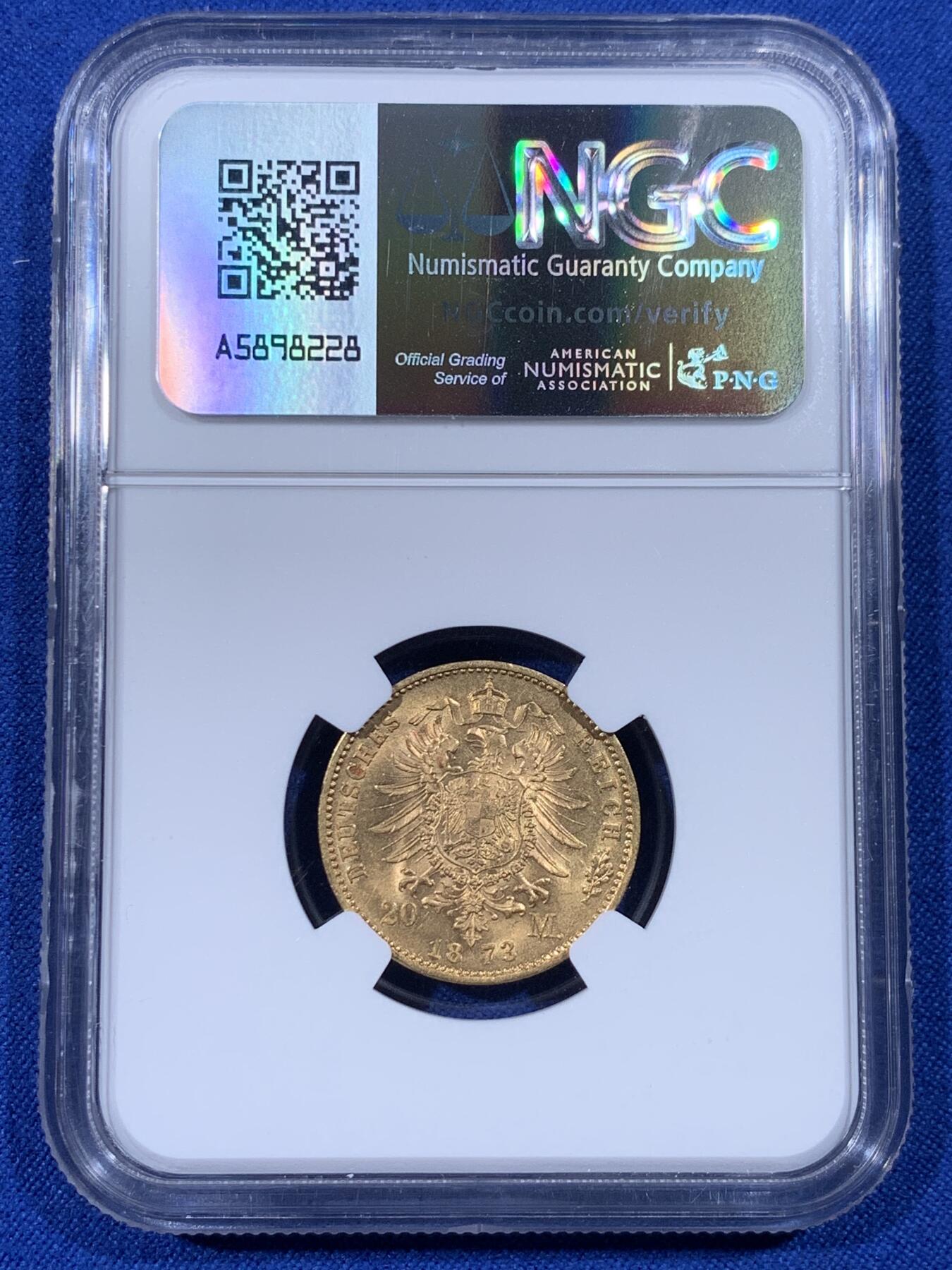 《竞宝斋》第436场 周日，周一2场连拍 （全场包邮） NGC MS63 德国1873符腾堡20马克金币 转光高分 可藏