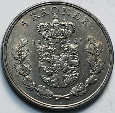 文馨钱币收藏第 280 场， 长期接收代拍品 - 好品 1961 年丹麦佛雷德里克九世国王 5 克朗，第一版