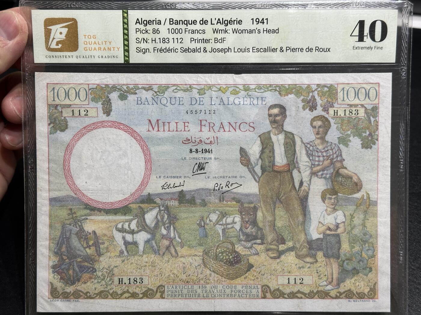 《外钞收藏家》第五百八十三期（精选场）（本期拍品丰富）（本平台长期征集拍品、欢迎藏友们联系合作） 1941年阿尔及利亚1000法郎 TQG评级40 大票幅 精美 号码无47
