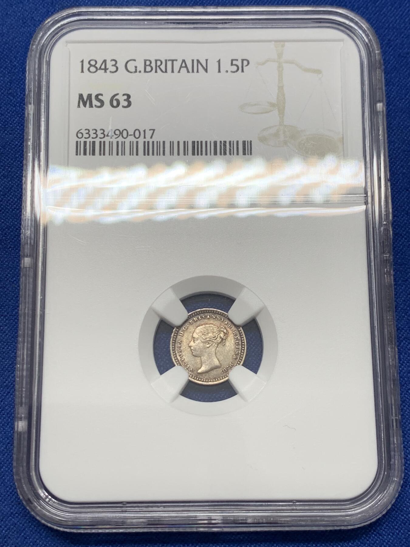 《竞宝斋》第436场 周日，周一2场连拍 （全场包邮） NGC MS63 英国 1843年维多利亚1.5便士银币 包浆很干净 细节打的也很好