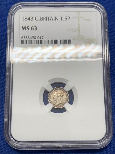 《竞宝斋》第436场 周日，周一2场连拍 （全场包邮） - NGC MS63 英国 1843年维多利亚1.5便士银币 包浆很干净 细节打的也很好