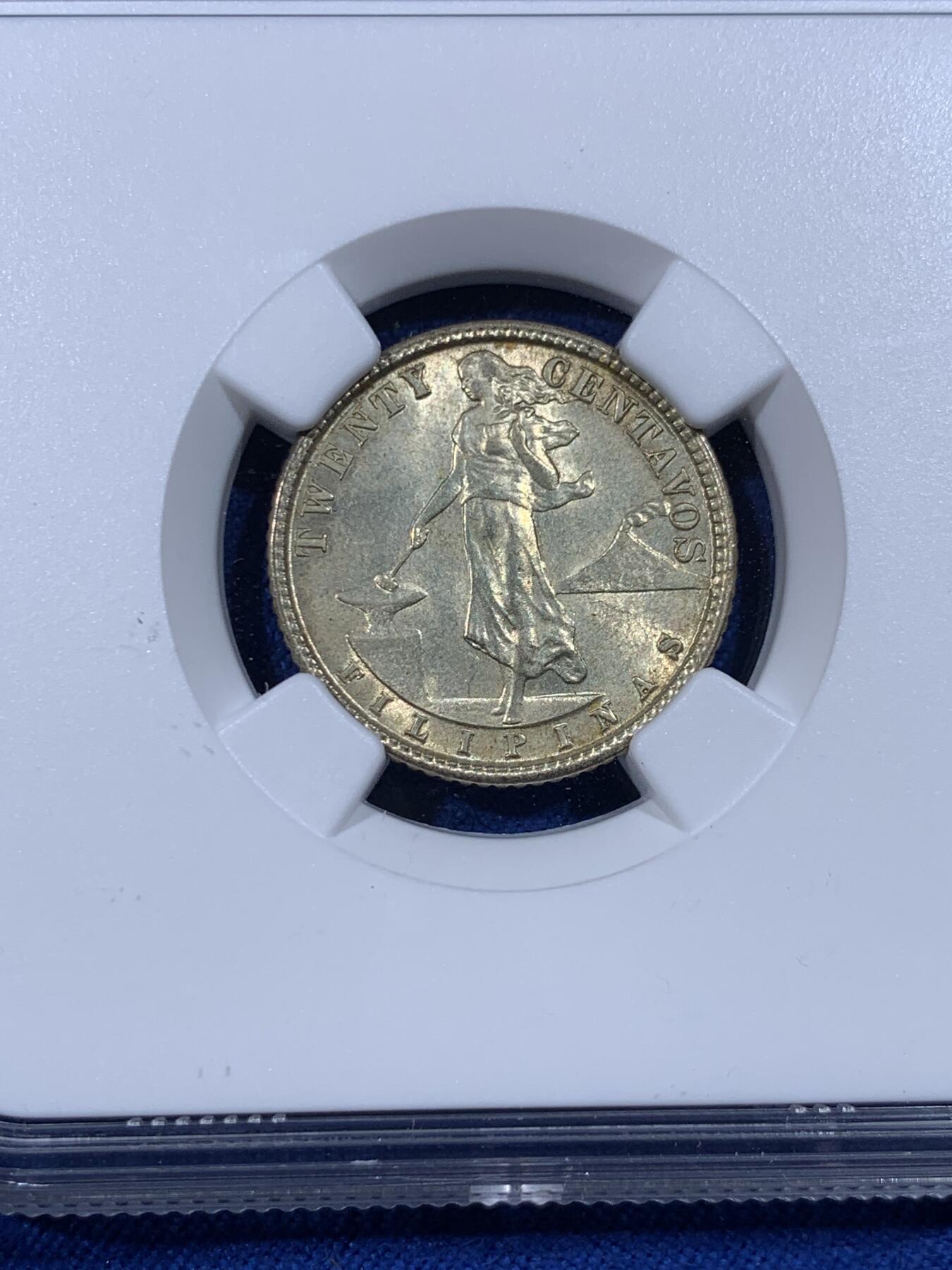 《竞宝斋》第436场 周日，周一2场连拍 （全场包邮） NGC MS64 美属菲律宾1918年20分银币，稀少的早期年份高分，季军分，价格远远高于后期常见的1945年版本