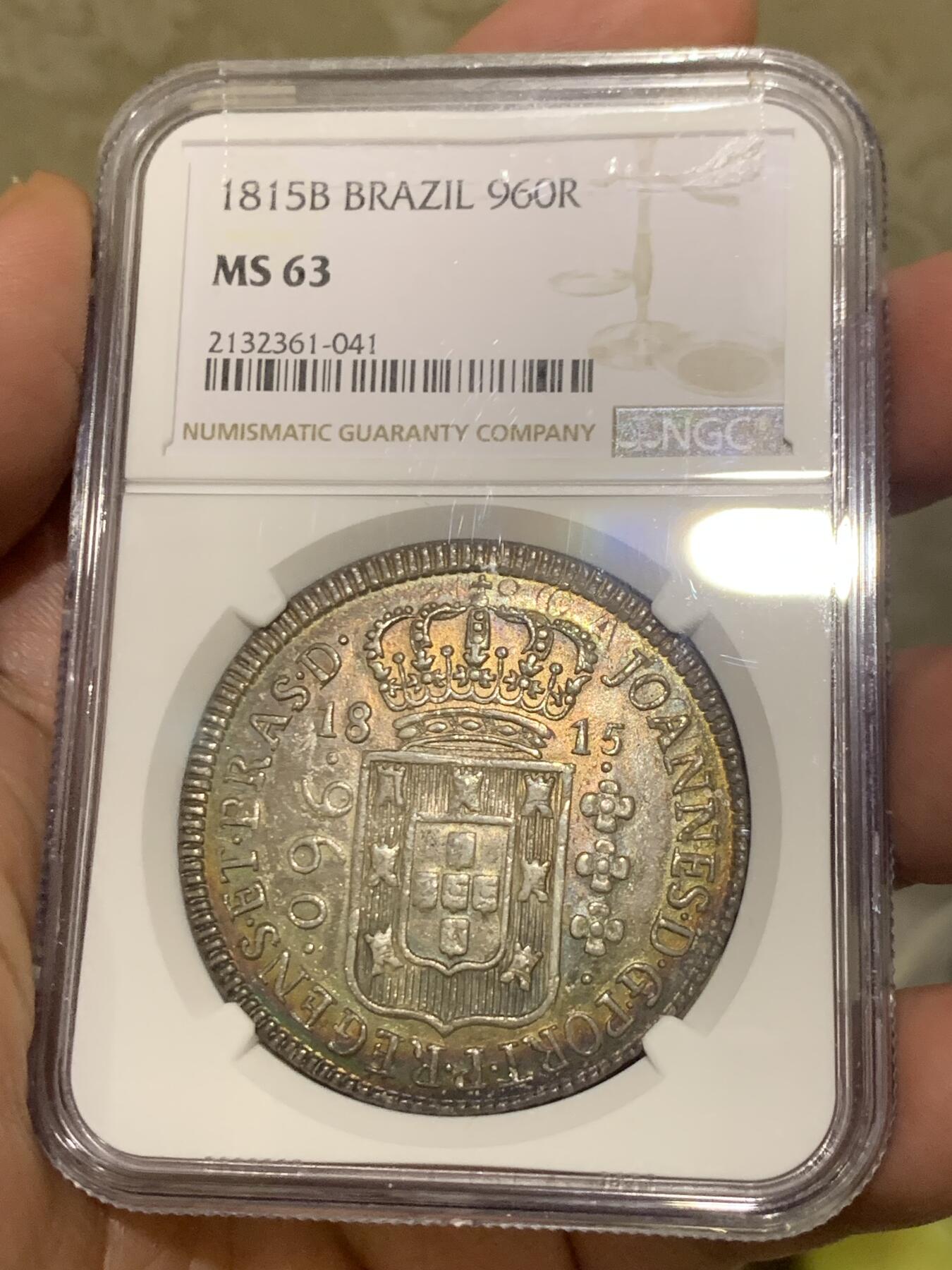 《竞宝斋》第436场 周日，周一2场连拍 （全场包邮） NGC MS63 葡属巴西 1815年B版960R大银币 包浆特别漂亮 打的也很正 光泽度很不错