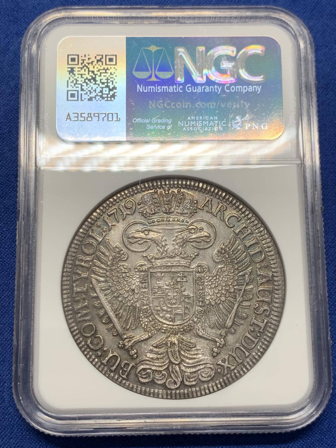 《竞宝斋》第436场 周日，周一2场连拍 （全场包邮） 亚军分 NGC MS63 神圣罗马帝国 1719年 卡尔六世 泰勒大银币 细节好 原味包浆 热门大波浪