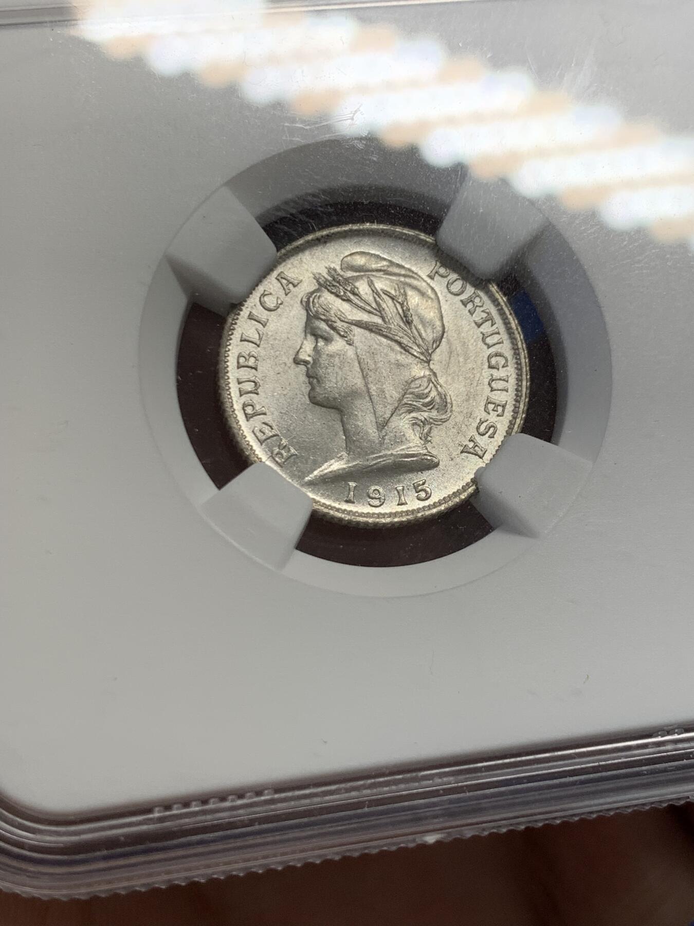 《竞宝斋》第436场 周日，周一2场连拍 （全场包邮） NGC MS63 葡萄牙 1915年 女神 10分银币 卷拆曝光好品