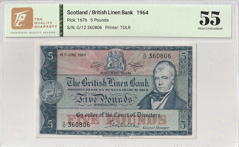 2025十一月第三期，总201期 苏格兰不列颠亚麻银行1964年5镑TQG55分无47，少见的早期发钞行发行中高面值品种，诗人沃尔特斯科特和不列颠尼亚女神